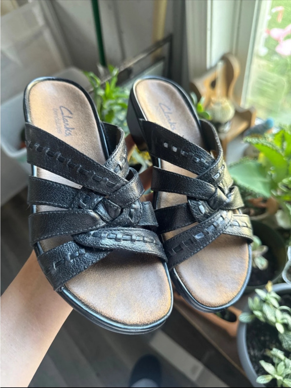 Clarks Black Leather Slide Mules with Braided Straps